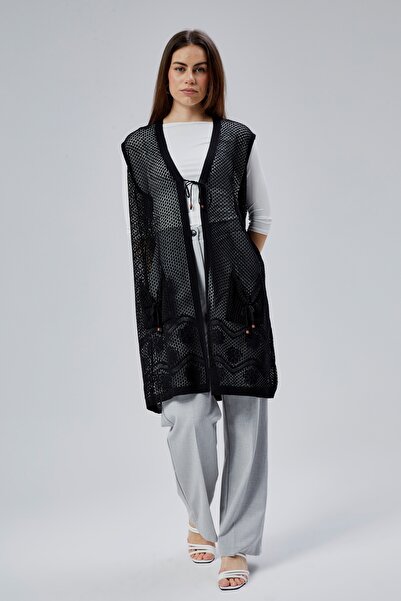 larocci Kadın Standart V Yaka File Detaylı Çiçekli Cepli Uzun Anne Yelek