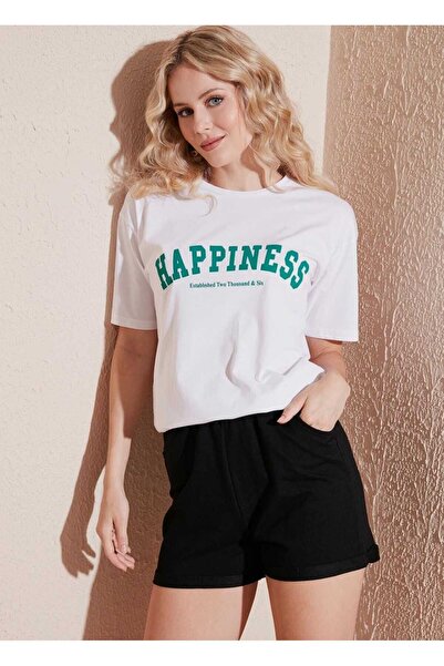 İpli Oversize kroj T-shirt Štampano Bela boja