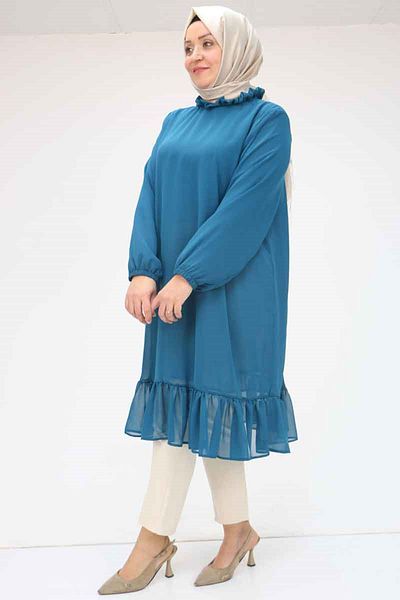 Eslina 58017 Plus Size Chiffon Tunic with Ruffled Hem - Petrol