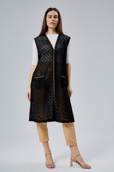 larocci Kadın Standart V Yaka File Detaylı Kenar Desenli Uzun Cepli Anne Yelek