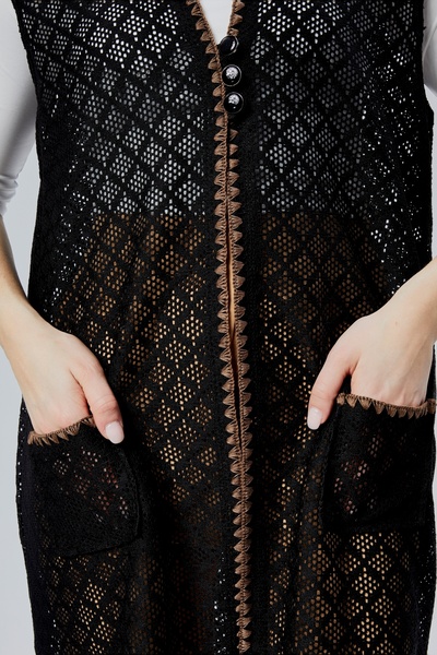 larocci Kadın Standart V Yaka File Detaylı Kenar Desenli Uzun Cepli Anne Yelek