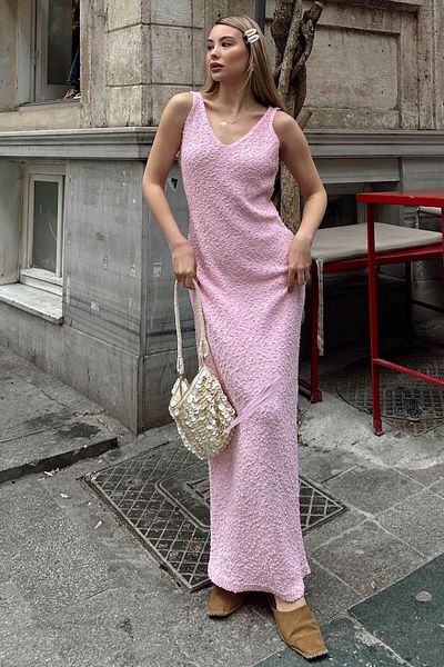 Swist Pink V-Neck Straps Embossed Detail Women's Knitwear Midi Dress