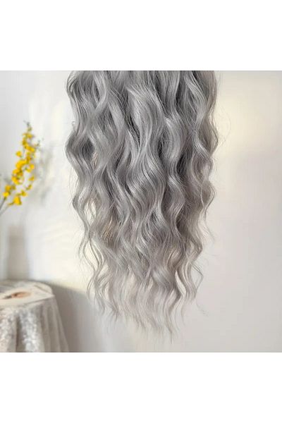 NeednStore Grey Ombre Women's Wig Wavy Ponytail 60 cm 1St Quality Synthetic Isyana Resistant