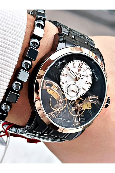 Fiesta Black Color Double Turbine Automatic Business Men's Wrist Watch + Bracelet