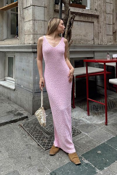 Swist Pink V-Neck Straps Embossed Detail Women's Knitwear Midi Dress