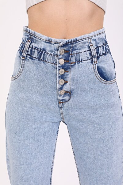 SHEVEGA Ice Blue 90's High Waist Button Detail Snow Wash Mom Jean Jeans