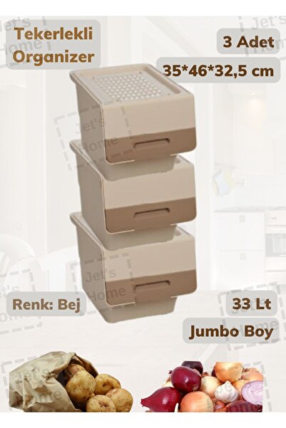 Jet's Home 3’lü Jumbo Tekerlekli Patates Soğan Sepeti BPA Free Soğanlık Erzak Kutusu Krem Motek 33 Lt
