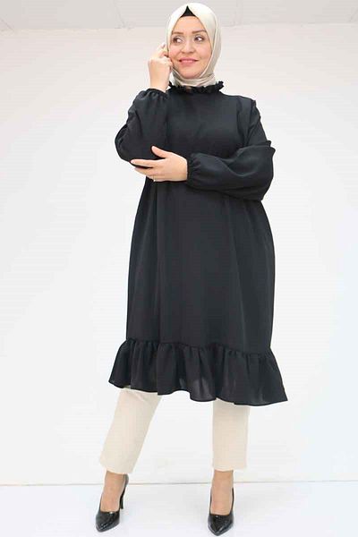 Eslina 58017 Plus Size Chiffon Tunic with Ruffled Hem - Black