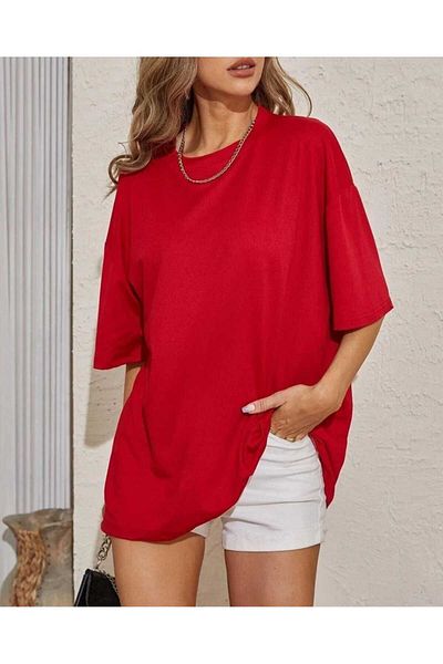 İpli Oversize T-Shirt Printed Red Color