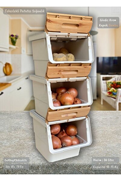 Jet's Home 3'lü Bambu Tekerlekli Sebzelik Patates Soğan Sepeti Şık Organizer Patateslik Soğanlık Kutu 36 L