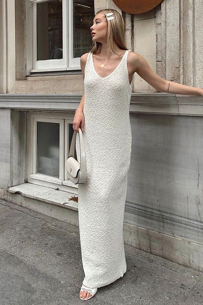 Swist Beige V-Neck Strap Embossed Detail Women's Knitwear Midi Dress