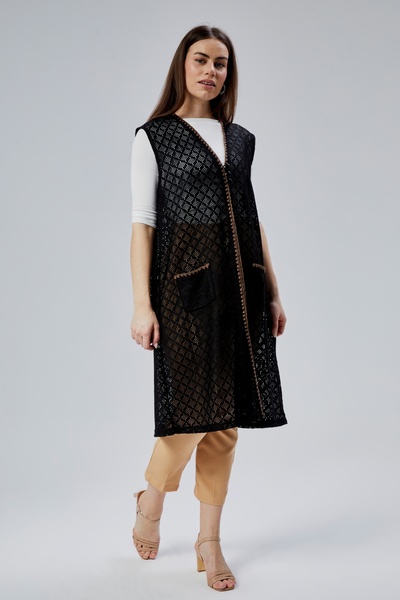 larocci Kadın Standart V Yaka File Detaylı Kenar Desenli Uzun Cepli Anne Yelek