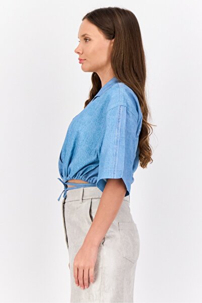 Esprit Women Noched Collar Short Sleeve Washed Blouse, Blue