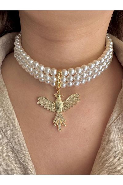 TAKIMOON Three Row Gold Phoenix Detailed Choker Pearl Necklace