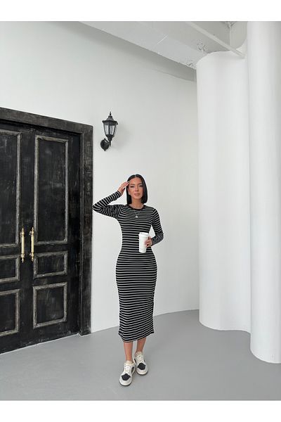alenmoda Rochie tricotată cu mânecă lungă elastică cu dungi negre - Detaliu cu fante