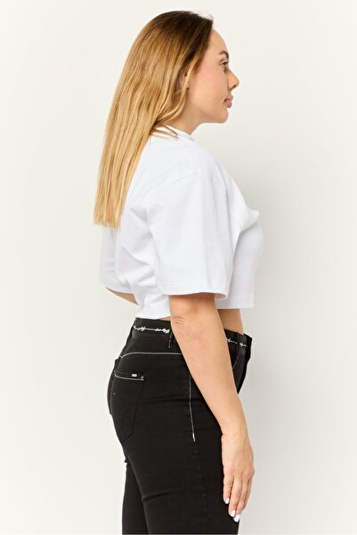 Esprit Women Crew Neck Short Sleeve Graphic Print Crop Top, White