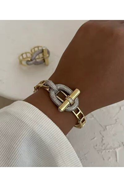 HOSBUTIK Gold tasarım zirkon taşlı kelepçe bileklik