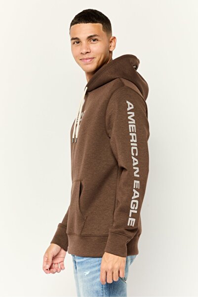AMERICAN EAGLE Men Graphic Long Sleeve Hooded Sweatshirt, Brown