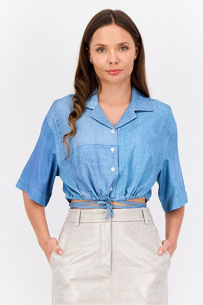 Esprit Women Noched Collar Short Sleeve Washed Blouse, Blue