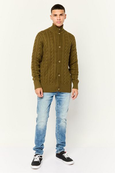 Esprit Men Mock Neck Cable Knitted Long Sleeve Cardigan, Dark Olive