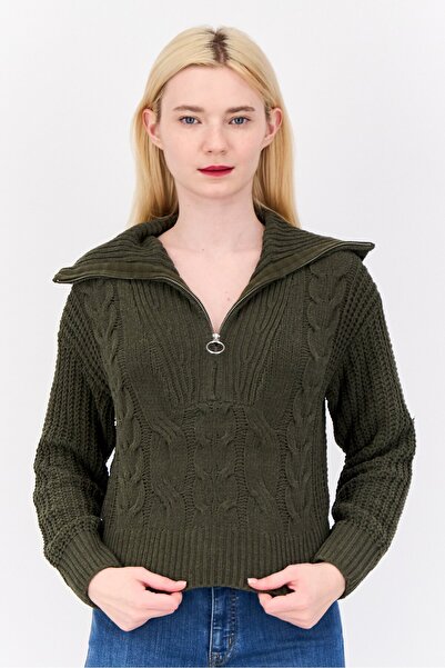 PİNK ROSE سترة نسائية محبوكة برقبة عالية، زيتوني غامق