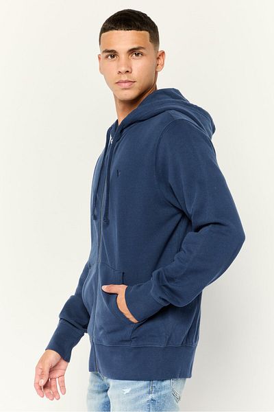 AMERICAN EAGLE Men Long Sleeve Embroidered Logo Full Zip Hoodie, Navy