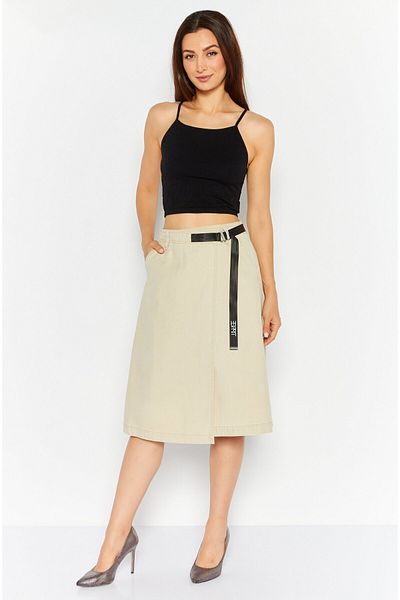 Esprit Women Plain Buckle Waist Midi Skirts, Beige