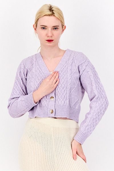 No Comment Women V Neck Knitted Cardigan, Lavender