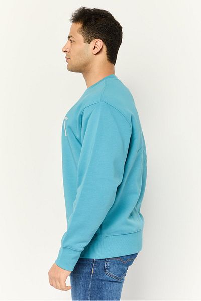 Esprit Men Crew Neck Long Sleeves Brand Logo Sweatshirts, Teal Blue