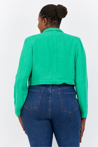 Flounce London Women Plus Size Chambray Semi Formal Cropped Blazer, Bold Green