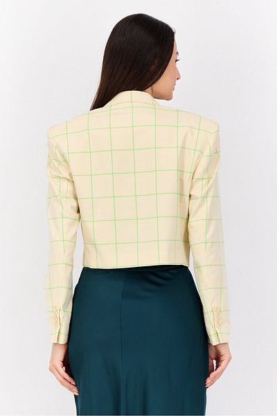 Esprit Women Regular Fit Plaid Crop Semi Formal Blazer, Cream