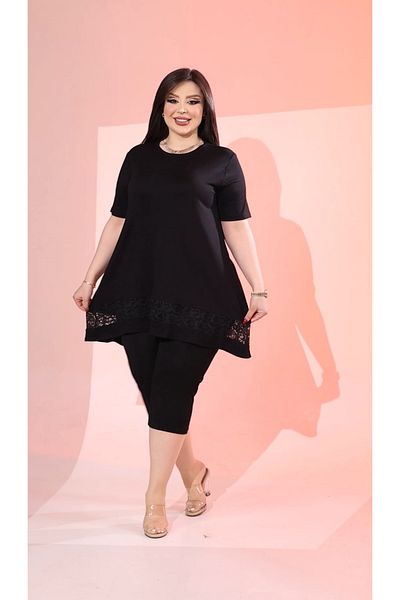 HÜLYA BUTİK Women's Large Size Black Lace Short Sleeve Blouse