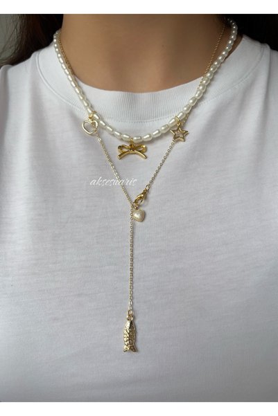 aksesuaris Set of 2 Pearl Charm Low-Cut Necklace