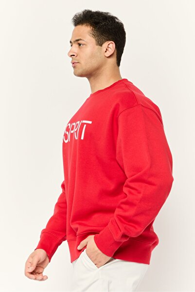Esprit Men Ribbed Collar Long Sleeves Brand Logo Sweatshirts, Red