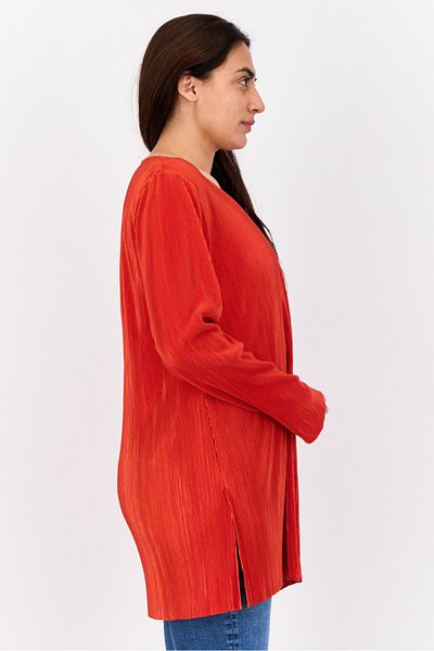 CYRUS Women V Neck Long Sleeves Mini Pleated Tunic Top, Orange