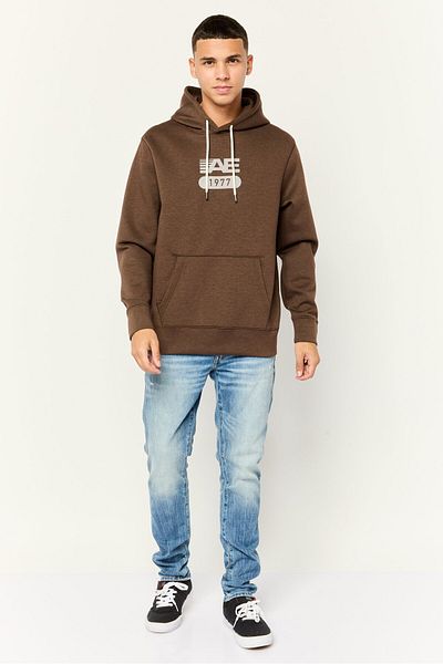 AMERICAN EAGLE Men Graphic Long Sleeve Hooded Sweatshirt, Brown