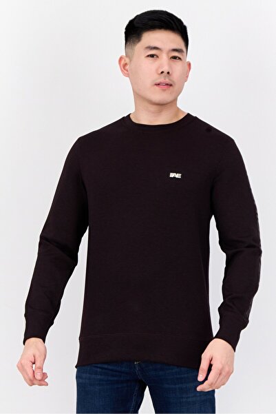 AMERICAN EAGLE سويت شيرت رجالي برقبة دائرية وأكمام طويلة وشعار العلامة التجارية، لون عنابي