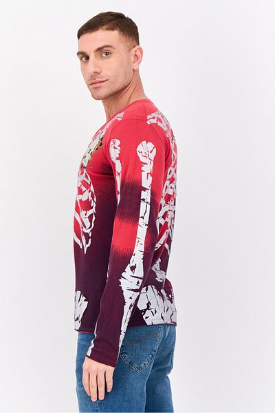 Ed Hardy Men V-neck Graphic Print Long Sleeves Sweater, Red Combo