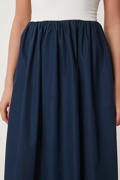 Lovelyİstanbul Esnek Örme Üstlü Poplin Etekli Kontrast Elbise LACİVERT KEMİK LFN0093