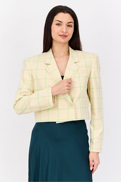 Esprit Women Regular Fit Plaid Crop Semi Formal Blazer, Cream