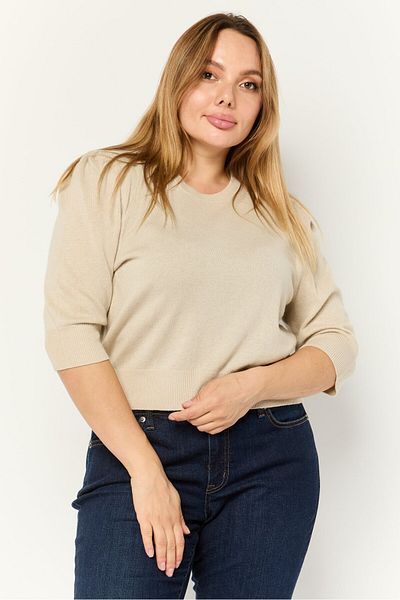 Michael Kors Women Crew Neck Puff Sleeve Rib Knit Blouse, Khaki