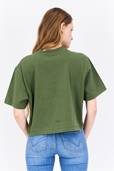 Esprit Women Oversized Crew Neck Short Sleeves Graphic Print Crop Top, Olive