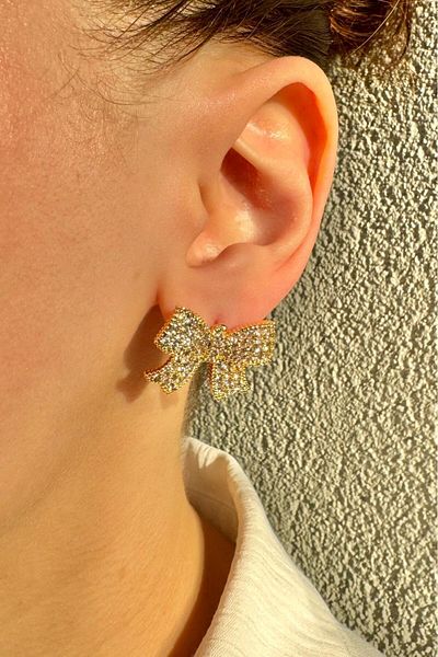 Leo'Stone Premium Series - Zircon Stone Plated, Bow Model, Non-Tarnish Stylish Design, Gold Color Women's Earrings