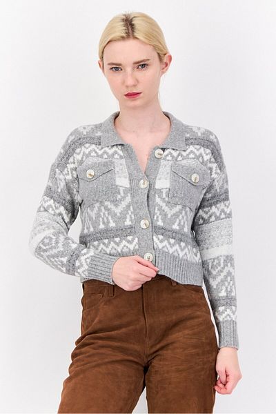 PİNK ROSE Women Spread Collar Knitted Cardigan, Light Grey