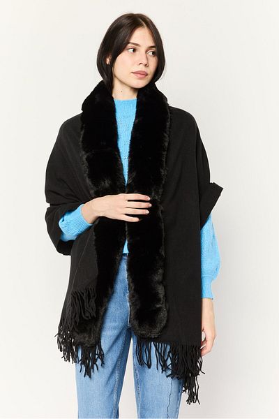 London Fog Women Faux Fur Frill Hem Ruana, Black