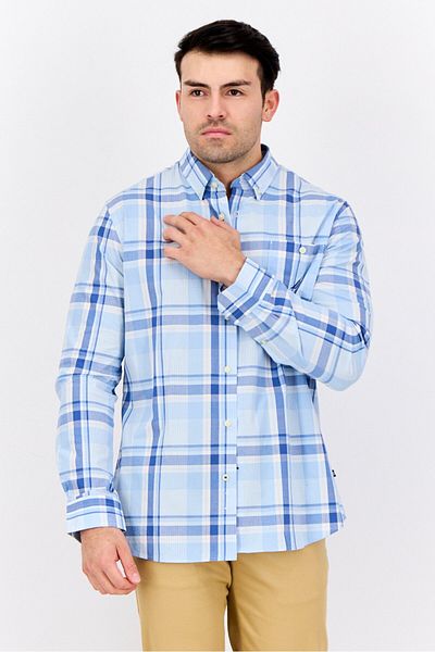 Nautica Men Classic Fit Embroidered Logo Long Sleeve Casual Shirt, White/Light Blue