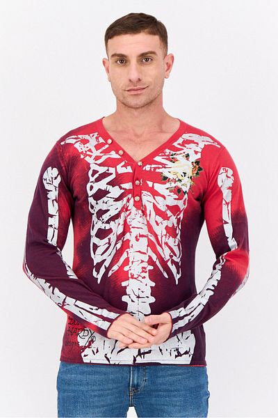 Ed Hardy Men V-neck Graphic Print Long Sleeves Sweater, Red Combo
