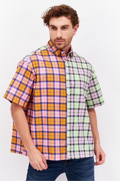 Asos Design Men Regular Fit Checkered Short Sleeves Casual Shirt, Lime Green