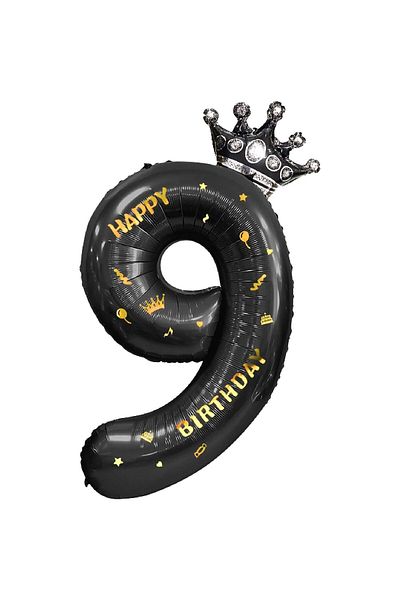 Flippy Balon Flippy, Cifra si Coroana, Scris Happy Birthday, 100 cm, , Negru, Cifra 9