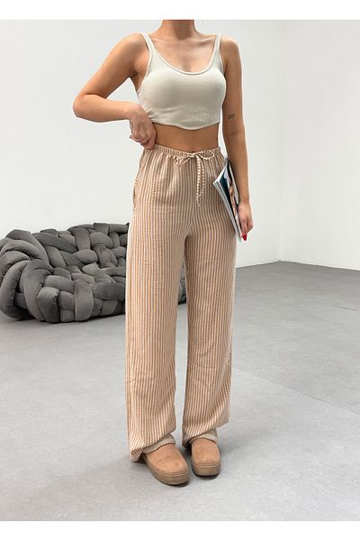 veres Women's Brown Striped Linen Fabric Loose Cut Summer Thin Pants